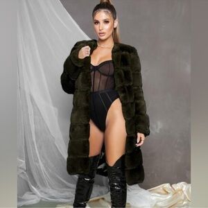 Oh Polly Coat Jacket Women XS Faux Fur Executive Longline Green Faux Fur